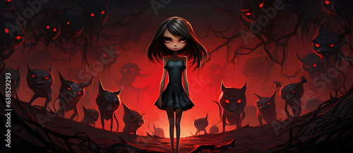 cartoon girl standing in front of herd of creepy dogs