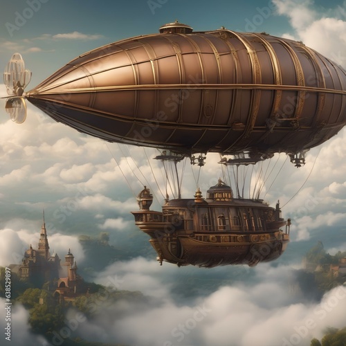 Whimsical illustration of a steampunk-inspired airship soaring above a cloud-covered landscape3