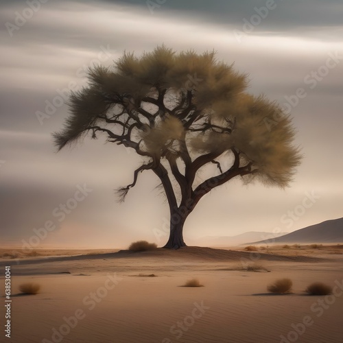 Minimalist composition of a single tree standing tall in a vast digital desert landscape1