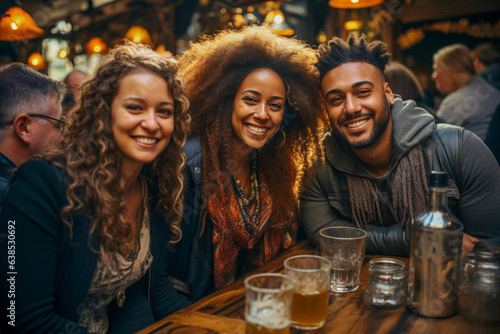 A group of happy, smiling young friends are drinking beer in a street bar-restaurant, having fun and chatting.