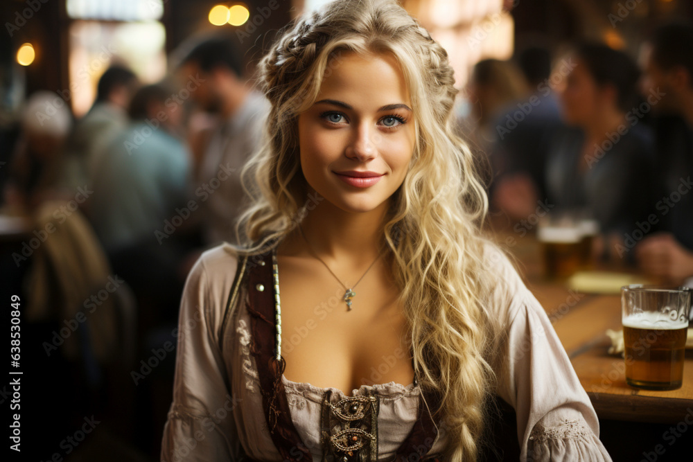 Portrait of a young beautiful smiling blonde girl on the background of an evening bar-restaurant