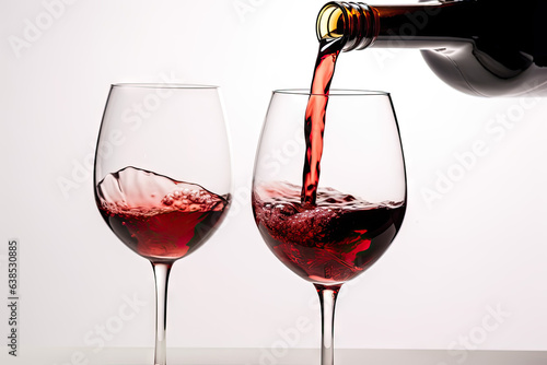 Red wine being elegantly poured from a bottle into two glasses