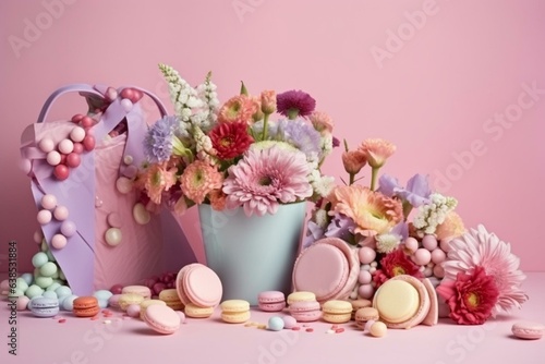 cheerful arrangement. pastel sweets and gifts on a pale pink background. artistic. Generative AI