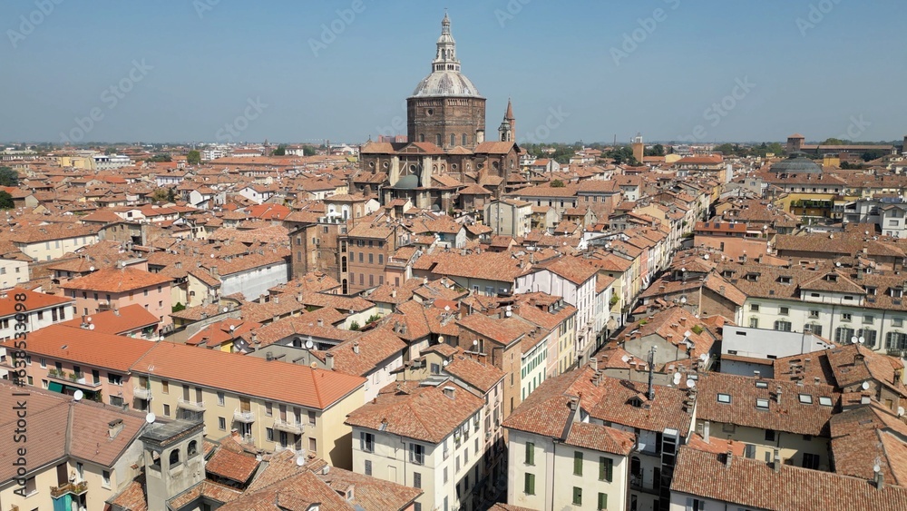 Europe, Italy , Pavia - Drone aerial view of Pavia City in Lombardy with Duomo cathedral church  Santo Stefano e Santa Maria Assunta in downtown 