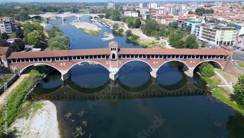 Tableau sur toile Europe, Italy , Pavia - Drone aerial view of Pavia City in Lombardy with Ponte C