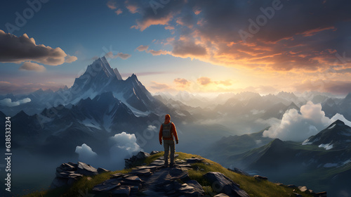 Fotografia a man with a backpack stands at the edge of a cliff overlooking mountains