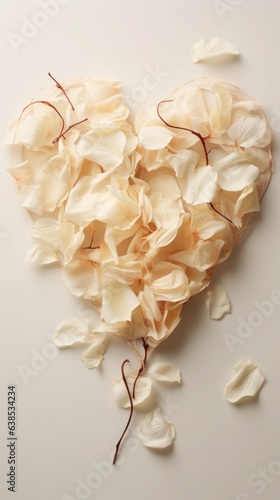 Botanical Elegance. Rose petals in the shape of a heart are delicately placed on a neutral background. Valintines day romantic composition photo