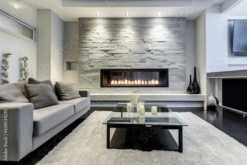 An elegant living space with trendy decor and a warm fireplace nestled within a modern grey stone backdrop. Generative AI
