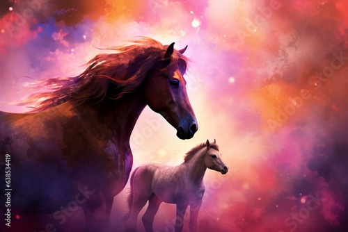 Magical background with abstract image of a horse  featuring a mare and stallion. Generative AI