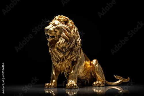 A golden lion sculpture seated, with transparent background and shadow. Generative AI