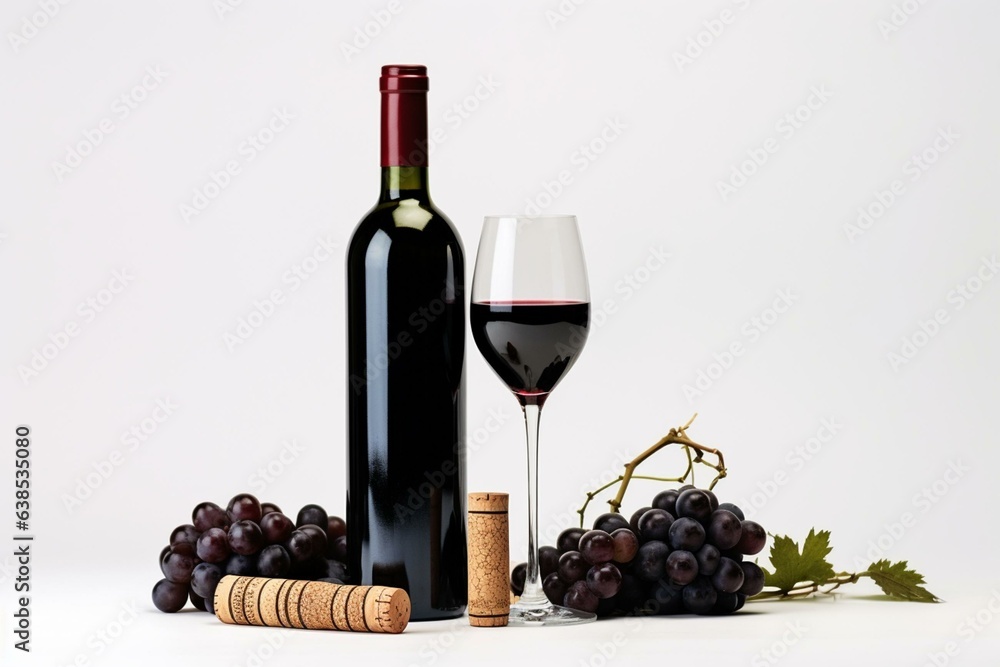 Red wine bottles with corkscrews, cork, white background. Wine lists, tastings. Black grapes. Generative AI