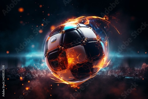A football pierced by dynamic rays, created with technology. Generative AI