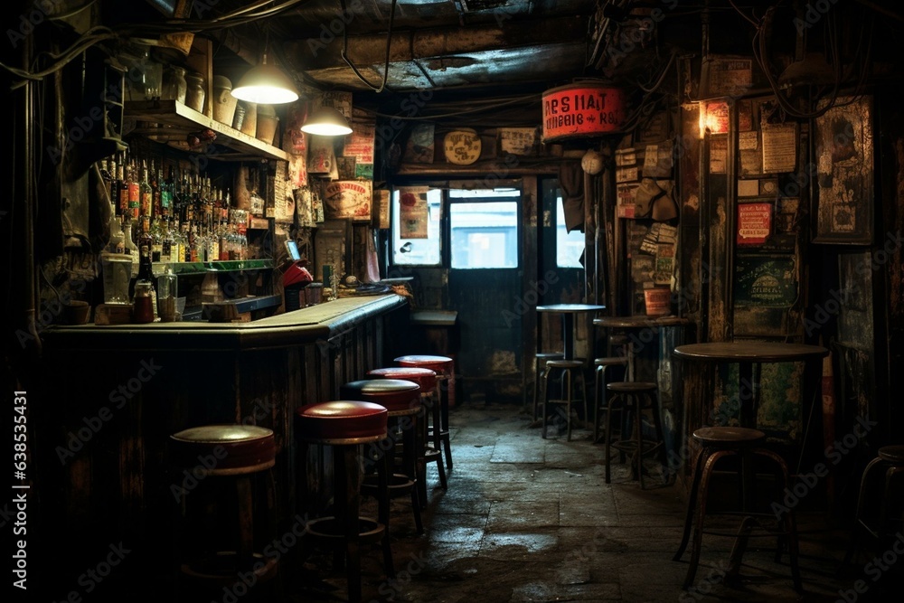 Dimly lit surroundings in a gritty dive bar. Generative AI