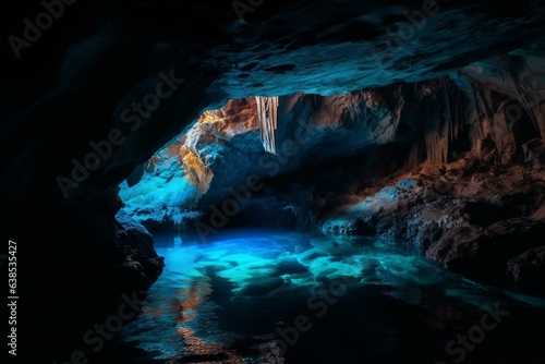 Ocean cave with vibrant colors & blue light. Great for backgrounds. Generative AI