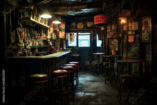 Dimly lit surroundings in a gritty dive bar. Generative AI