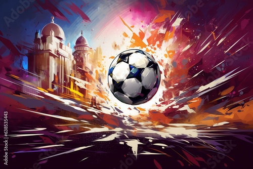 Abstract soccer artwork with a ball in Doha, Qatar. World Cup 2022. Digital illustration. Generative AI