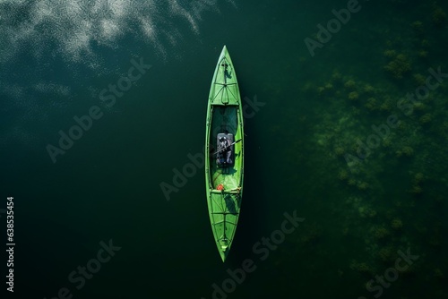 An aerial perspective of an empty green kayak peacefully sitting on the surface of the water. Generative AI