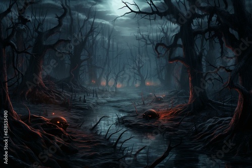 Spooky forest scene for Halloween. Generative AI © Fraint