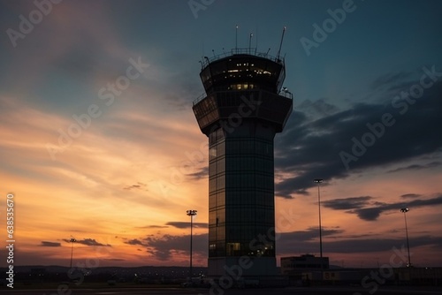 Airport control tower overseeing maintenance of planes and vehicles. Generative AI