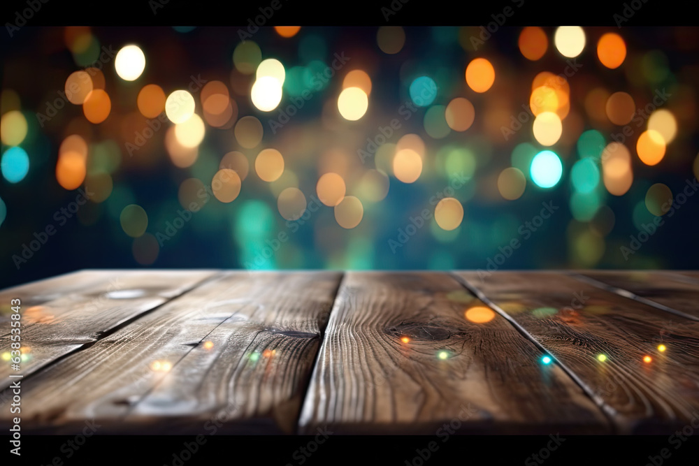 Empty wooden table and blurred background of bar with bokeh lights Empty wooden table and blurred background of bar with bokeh lights