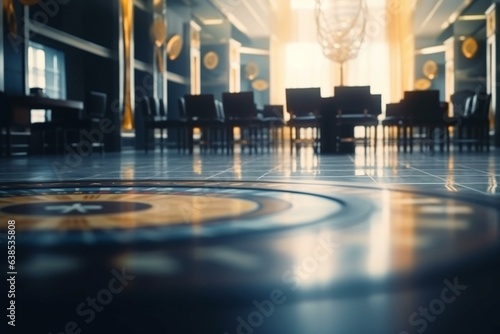 Blurred casino interior with cartoon-style gambling symbol. Generative AI