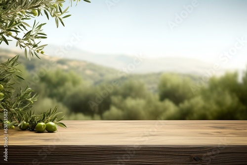 Spacious wooden table with hazy olive tree backdrop, perfect for promoting products. Generative AI