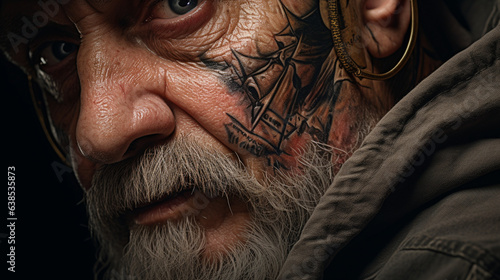 Close up of the face of an old man with a tattoo on his face with a mustache and wrinkles