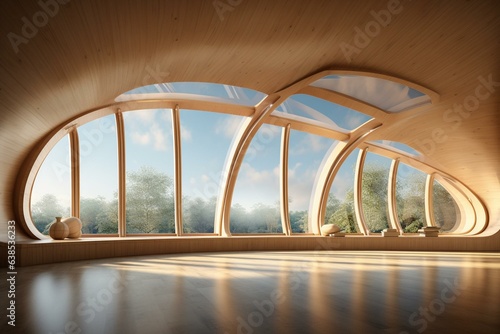 Interior with curved wooden windows. Generative AI