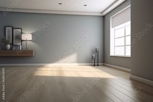 Simplistic room with gray wall and wooden floor. Rendered in 3D. Generative AI © Aphrodite