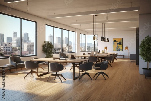 Contemporary collaborative workspace with spacious layout, wooden floors, urban details, and skyline scenery. Includes trendy furnishings and technology. Visualized through 3D rendering. Generative AI