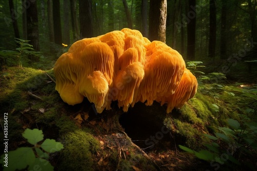 Rare lion's mane mushroom in forest. Radiant giant pruikzwam. Generative AI photo