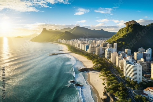 A beautiful aerial view of Rio de Janeiro's Lúcio Costa Avenue, Marapendi Lagoon, and Reserva Beach at sunrise on a bright day. Generative AI photo