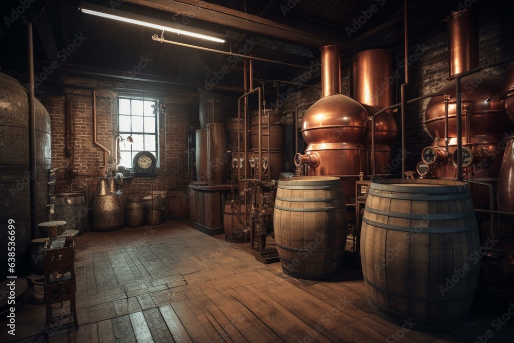 An image showing an old-fashioned whiskey distillery with copper stills, barrels, and containers. Generative AI - obrazy, fototapety, plakaty 