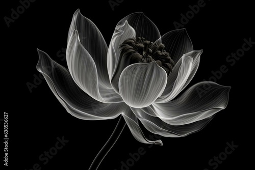 Black isolated x-ray image of a lotus flower, 3D illustration. Generative AI