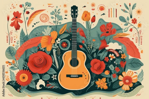 Poster showcasing a country music festival with an acoustic guitar and floral motifs. Generative AI