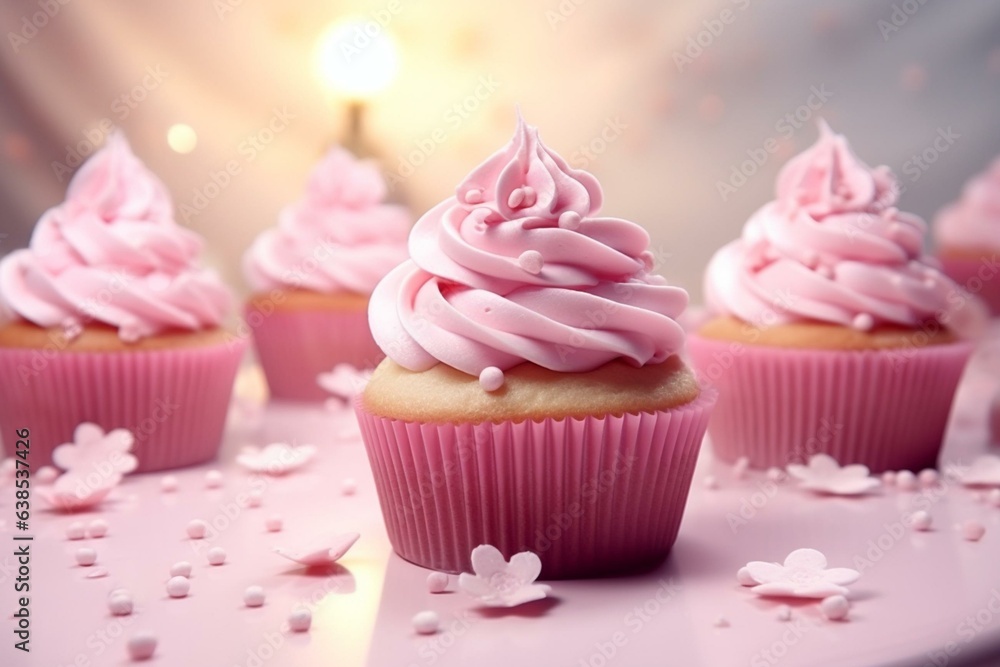3D rendering of delicious pink sweet cupcakes with creamy icing. Generative AI