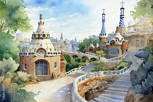 Watercolor illustration of Park Guell by Antoni Gaudi, Barcelona, Spain. Generative AI photo