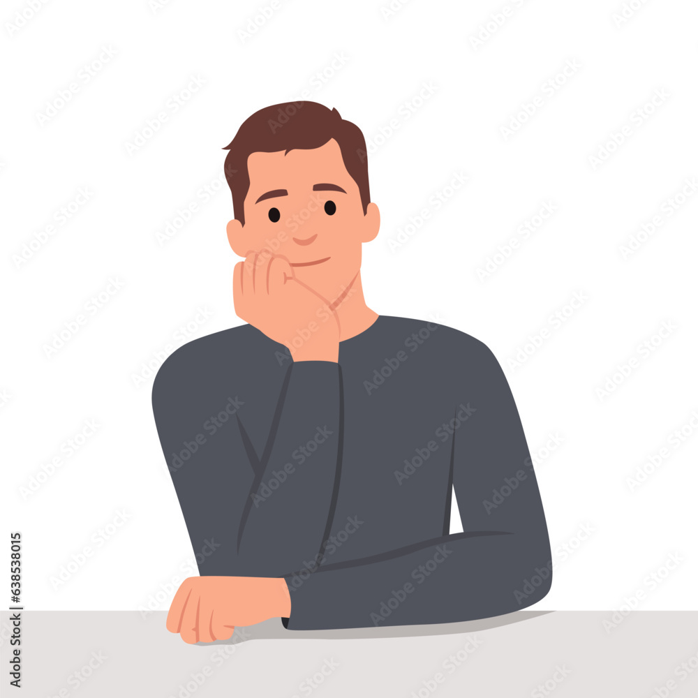 A man is sitting on the desk with one hand and chin is joyful imagining. Flat vector illustration isolated on white background A man is sitting on the desk with one hand and chin is joyful imagining. Flat vector illustration isolated on white background