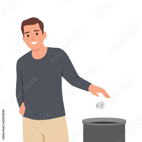 Man throw the paper into blue recycle garbage bin with paper. Reuse or reduce symbol. Plastic recycle trash can. Flat vector illustration isolated on white background