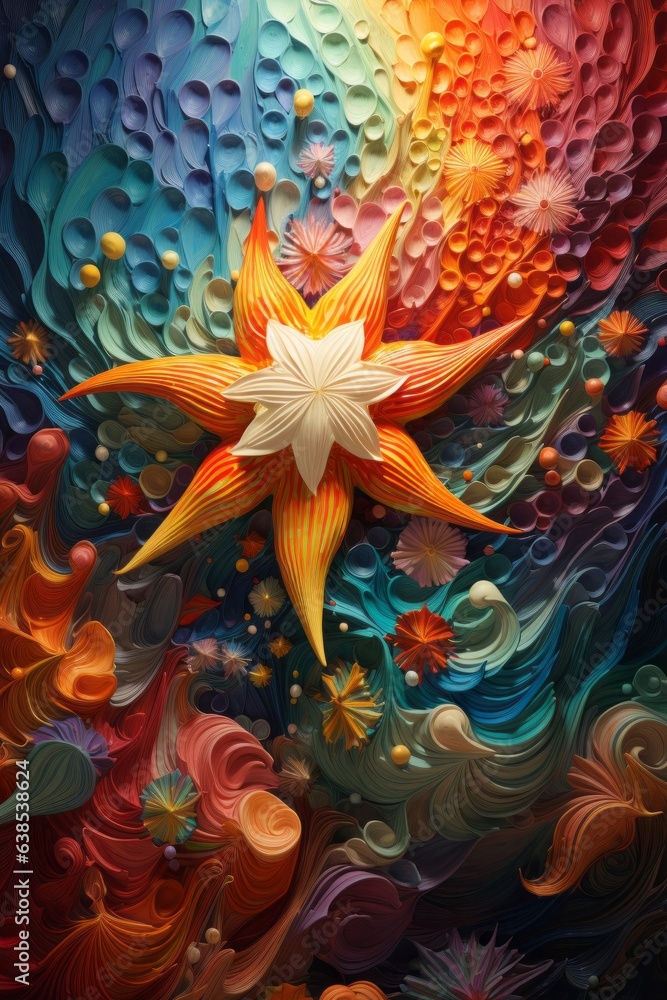 Illustration of a colorful collection of starfish in various vibrant hues created with Generative AI technology