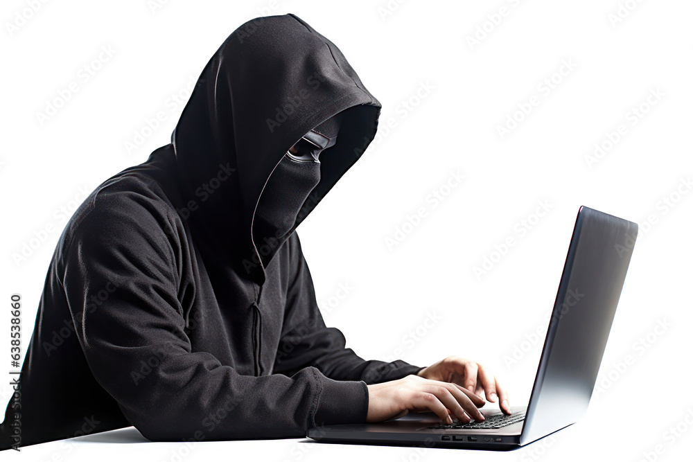 A hacker in black hoodie is working on his laptop. A hacker in black hoodie is working on his laptop.