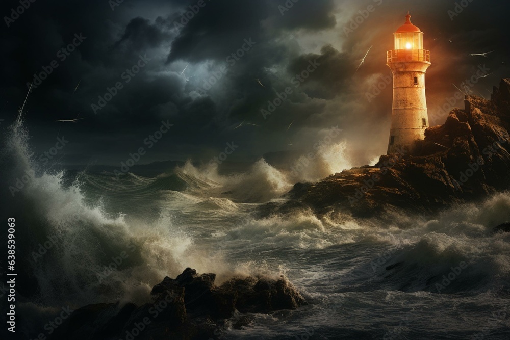 A stormy scene with a lighthouse on rocky shore and lightning. Generative AI