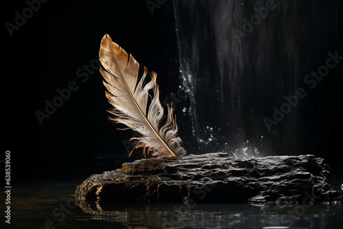 Feather & golden feather on a rock above water with a splash, against dark background. Generative AI