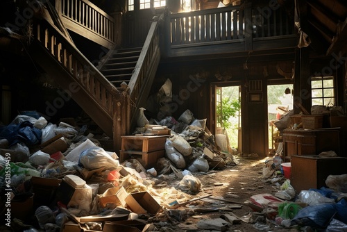 Cluttered house with garbage illegally dumped in abandoned property. Generative AI photo