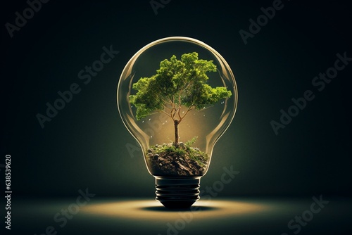 Illustration of a tree growing in a light bulb, promoting a clean environment and addressing climate change. Generative AI