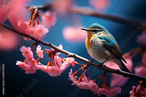 A tiny bird sips nectar from a blossom. Generative AI © Phoenix