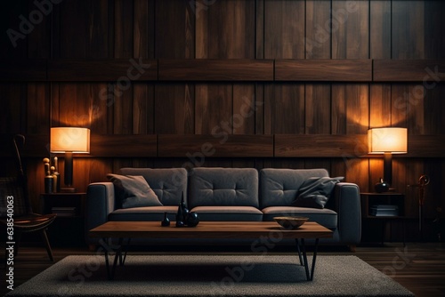 Front view of dimly lit living room with a wooden wall. Generative AI