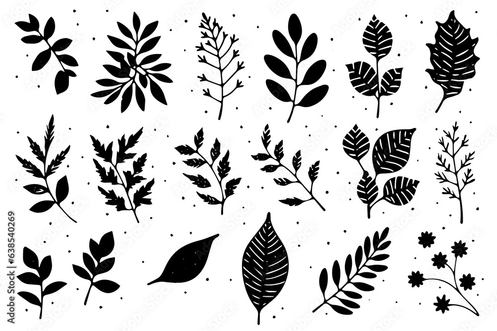 Set of lino cut vector stamp black leaves and branch imprints on white background. Hand drawn floral elements. Set of lino cut vector stamp black leaves and branch imprints on white background. Hand drawn floral elements.