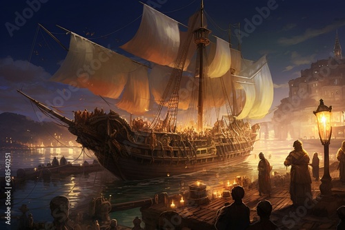 An illustration featuring an Arabian galley amidst a scene reminiscent of the Arabian Nights. Generative AI