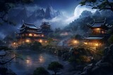Digital art of Japanese village in fantasy setting, illuminated at night. Generative AI
